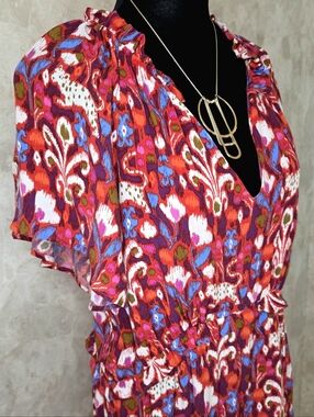 Anthropologie NWT Red Ikat Floral Ruffle Mini Dress Boho Tiered XS